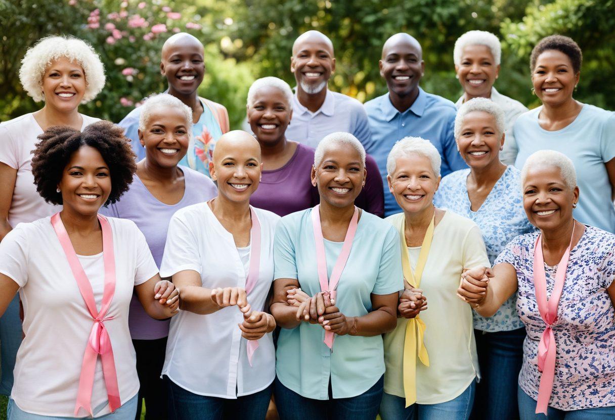 A diverse group of cancer survivors smiling together, holding hands and radiating strength, surrounded by vibrant ribbons representing various types of cancer. The background features a serene garden with blooming flowers symbolizing hope and resilience. Include supportive elements like inspirational quotes and a warm, inviting atmosphere. soft focus. pastel colors. uplifting and empowering.