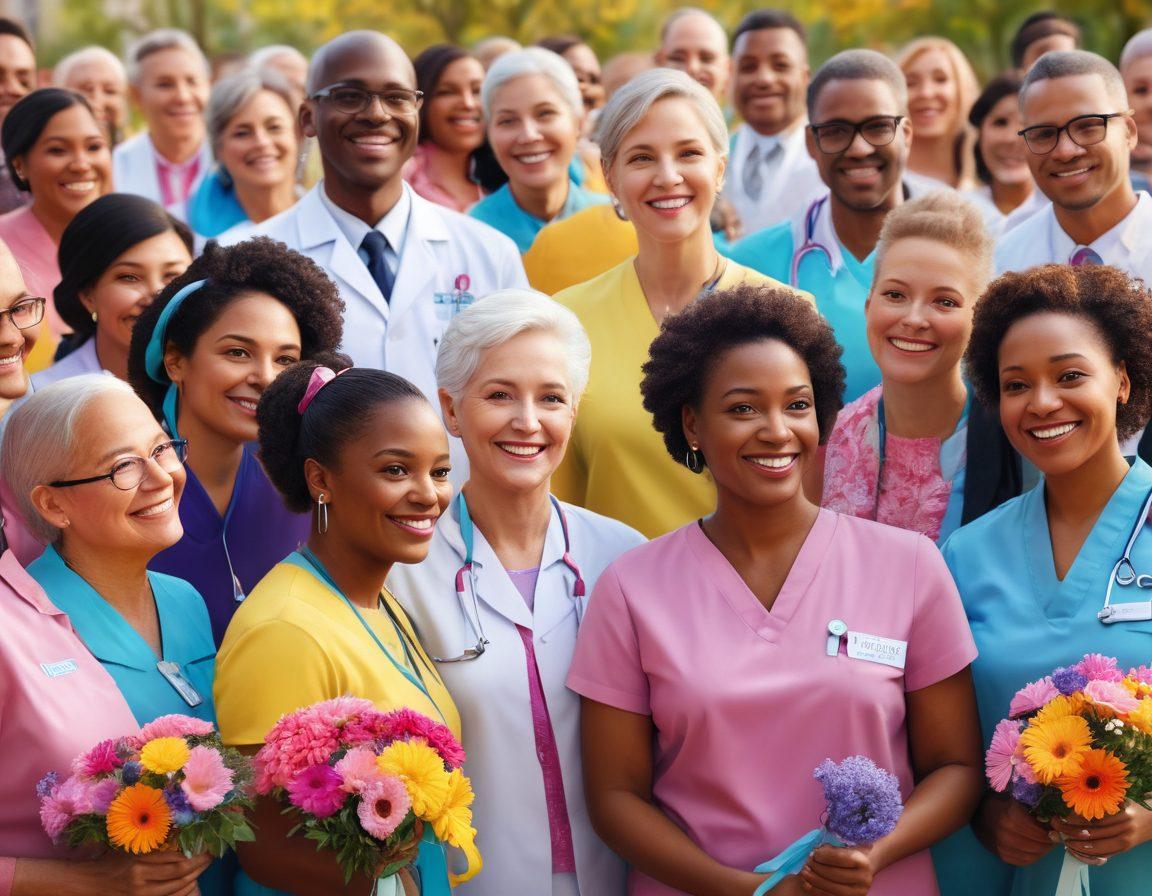 A vibrant community gathering with people of diverse backgrounds, each symbolizing support and advocacy for cancer care. Include elements such as a medical professional discussing advancements, a joyful family sharing stories, and illustrations of hope like ribbons and flowers. Bright colors and warm emotions should radiate throughout the scene. super-realistic. vibrant colors. 3D.