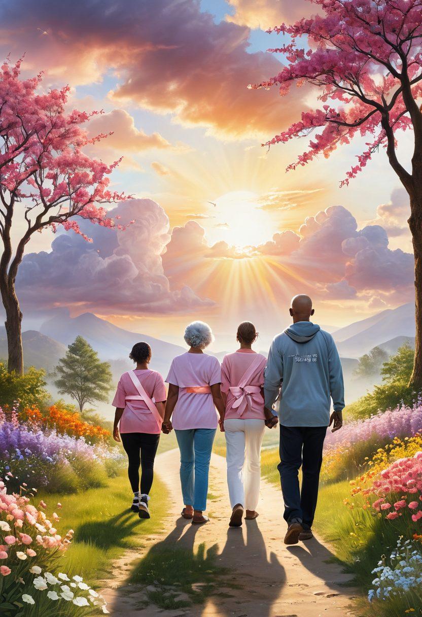 A serene landscape portraying the transition from diagnosis to empowerment, featuring a pathway symbolizing the journey of cancer survivorship. Include a supportive group of diverse individuals walking together, each holding symbols of hope like ribbons and flowers. Soft sunlight breaking through clouds, casting a warm glow on their faces, representing hope and resilience. A backdrop of blooming nature to signify new beginnings and vitality. super-realistic. vibrant colors. inspirational.